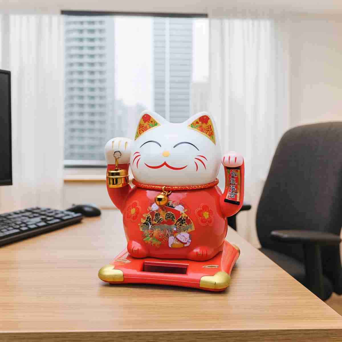 Gato da Sorte Solar Branco e Vermelho - Maneki Neko 12cm