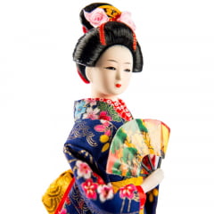 Boneca Japonesa Gueixa Artesanal com Kimono Azul e Leque Colorido - 30cm