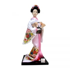 Boneca Japonesa Gueixa Artesanal com Kimono Branco e Leque Tradicional