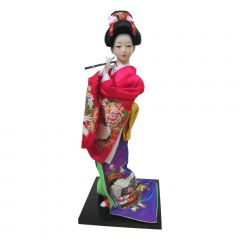 Boneca Japonesa Gueixa Artesanal com Kimono Colorido e Flauta