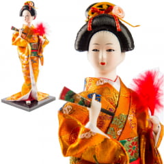 Boneca Japonesa Gueixa Artesanal com Kimono Laranja e Leque Fechado - 30cm