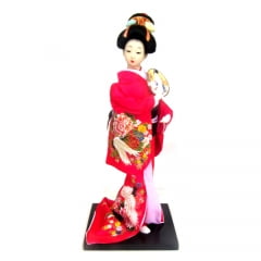 Boneca Japonesa Gueixa Artesanal com Kimono Pink e Leque Arredondado