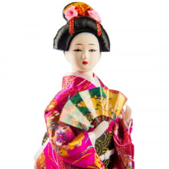 Boneca Japonesa Gueixa Artesanal com Kimono Pink e Leque Colorido - 30cm