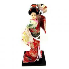 Boneca Japonesa Gueixa Artesanal com Kimono Vermelho Creme e Leque