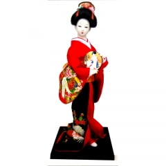 Boneca Japonesa Gueixa Artesanal com Kimono Vermelho e Preto com Leque Arredondado