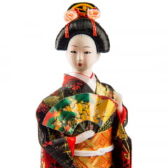Boneca Japonesa Gueixa Artesanal com Kimono Vermelho e Preto e Leque Colorido - 30cm
