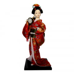 Boneca Japonesa Gueixa Artesanal com Kimono Vermelho e Taiko 2 