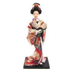 Boneca Japonesa Gueixa Artesanal com Kimono Vermelho Floral e Leque