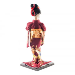 Boneca Japonesa Gueixa Artesanal com Kimono Vinho e Leque Arredondado - 30cm 