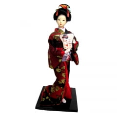 Boneca Japonesa Gueixa Artesanal com Kimono Vinho e Leque Retangular