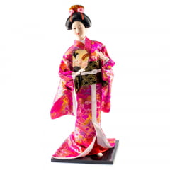 Boneca Japonesa Gueixa Grande Artesanal com Kimono Pink e Leque Retangular - 43cm
