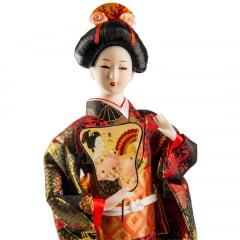 Boneca Japonesa Gueixa Grande Artesanal com Kimono Preto e Vermelho Leque - 43cm 