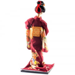 Boneca Japonesa Gueixa Grande Artesanal com Kimono Vinho e Leque Retangular - 43cm 