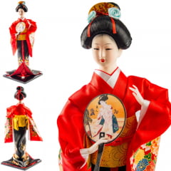 Boneca Japonesa Gueixa  Grande Artesanal Kimono Vermelho e Preto com Leque Arredondado - 43cm