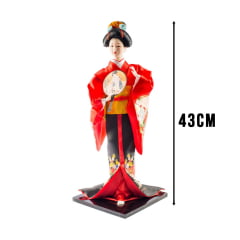 Boneca Japonesa Gueixa  Grande Artesanal Kimono Vermelho e Preto com Leque Arredondado - 43cm