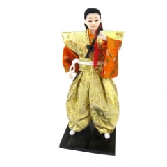 Boneco Japonês Samurai com Com Kimono Laranja, Dourado - 30 cm