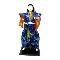 Boneco Japonês Samurai com Com Kimono Laranja e Azul com detalhes Florais 2 - 30 cm