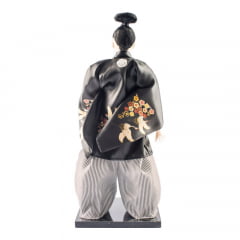 Boneco Japonês Samurai com Coque Kimono Preto e Branco - 30 cm