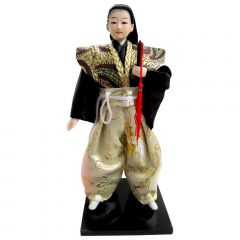 Boneco Japonês Samurai com Kimono Branco e Preto e Espada - 30 cm