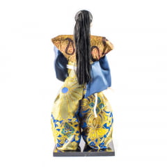 Boneco Japonês Samurai com Kimono Dourado e Azul Marinho - 30 cm