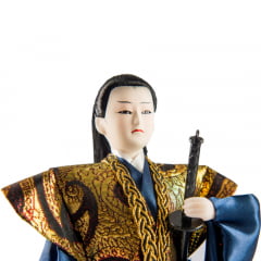 Boneco Japonês Samurai com Kimono Dourado e Azul Marinho - 30 cm
