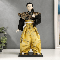 Boneco Japonês Samurai com Kimono Dourado e Preto - 30 cm