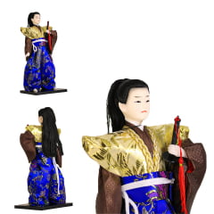 Boneco Japonês Samurai com Kimono Dourado, Marrom Azul e Espada - 30 cm