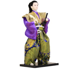 Boneco Japonês Samurai com Kimono Dourado, Roxo e Espada - 30 cm