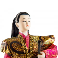 Boneco Japonês Samurai com Kimono Preto, Rosa e Dourado - 30 cm