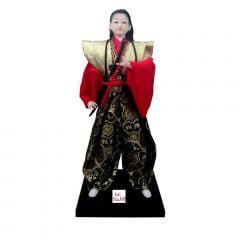Boneco Japonês Samurai com Kimono Preto, Vermelho e Dourado com detalhes Flores - 30 cm