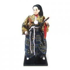 Boneco Japonês Samurai Invocado com Kimono Azul, Dourado e Espada Oriental - 30 cm