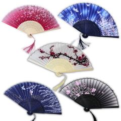 Kit com 5 Leque Desenho Oriental Elegância e Frescor - 38cm