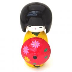 Boneca Japonesa Kokeshi com Sombrinha Oriental - Amarela
