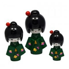 Trio de Boneca Japonesa Kokeshi Verde Escuro - Detalhes Florais