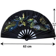 Leque Oriental com Desenho de Dragão e Fênix - Preto Versão 2 - 63 cm