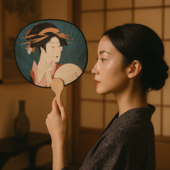 Leque Oriental Tradicional Papel Gueixa Ventarola 23cm x 36cm  - Azul Esverdeado