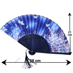Leque Pequeno Oriental - Azul com Borboletas e Flores 38cm