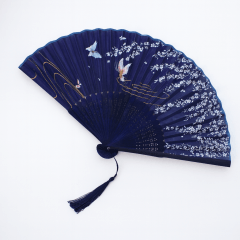 Leque Pequeno Oriental - Azul Marinho com Flores e Borboletas 38cm