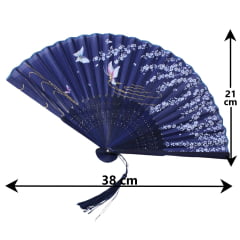 Leque Pequeno Oriental - Azul Marinho com Flores e Borboletas 38cm