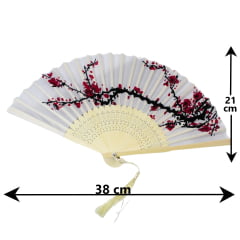 Leque Pequeno Oriental - Branco com Flores 38cm