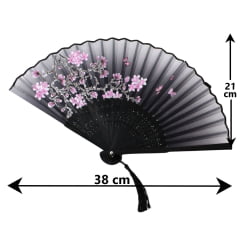 Leque Pequeno Oriental - Preto com Flores 38cm