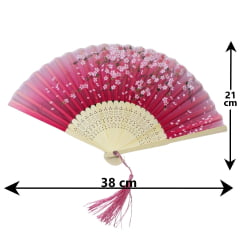 Leque Pequeno Oriental - Rosa com Flores 38cm