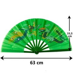 Leque Oriental com Desenho de Dragão e Fênix - 63 cm - Verde