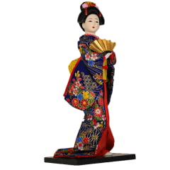 [ PEQUENOS DEFEITOS ] Boneca Japonesa Gueixa Artesanal com Kimono Azul  Flores e Leque Dourado