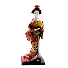 [ PEQUENOS DEFEITOS ] Boneca Japonesa Gueixa Artesanal com Kimono Pink e Leque Dourado