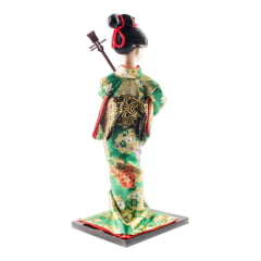 [ PEQUENOS DEFEITOS ] Boneca Japonesa Gueixa Artesanal com Kimono Verde e Sanshin - 30cm