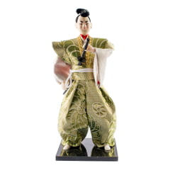 [ PEQUENOS DEFEITOS ] Boneco Japonês Samurai Invocado com Kimono Dourado e Branco Oriental - 30 cm