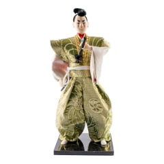 [ PEQUENOS DEFEITOS ] Boneco Japonês Samurai Invocado com Kimono Dourado e Branco Oriental - 30 cm