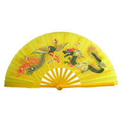 [ PEQUENOS DEFEITOS ] Leque Oriental com Desenho de Dragão e Fênix - Amarelo