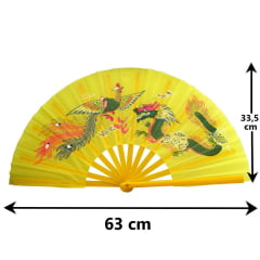 [ PEQUENOS DEFEITOS ] Leque Oriental com Desenho de Dragão e Fênix - Amarelo